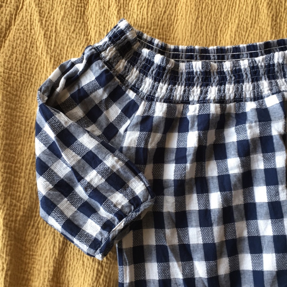 Off-the-shoulder Gingham Dress Navy and White